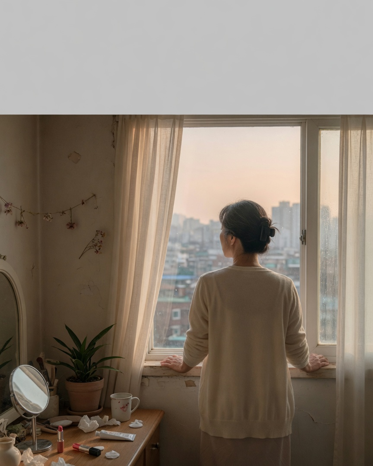 40~50대 여성 뒷모습 실루엣, 창가 역광, 차분하고 자신감 있는 분위기, 얼굴 식별 불가