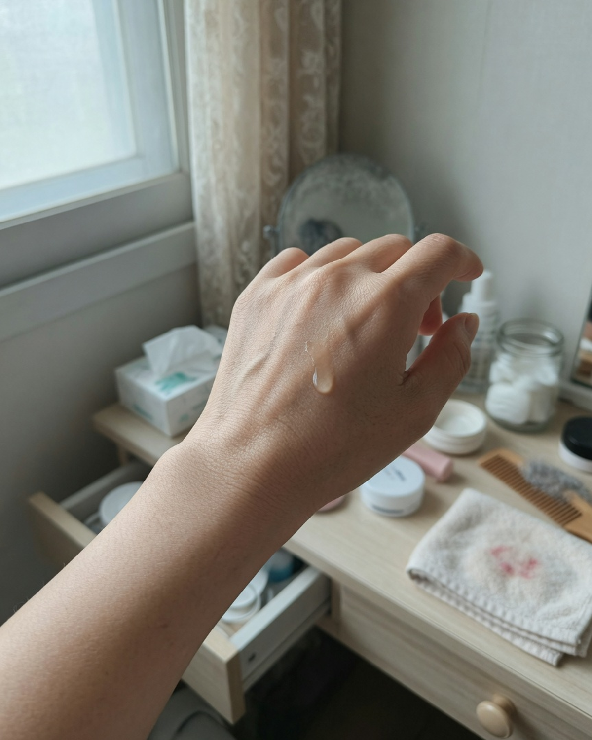 40~50대 여성이 필링 세럼을 손등에 테스트하는 장면 — 손 클로즈업